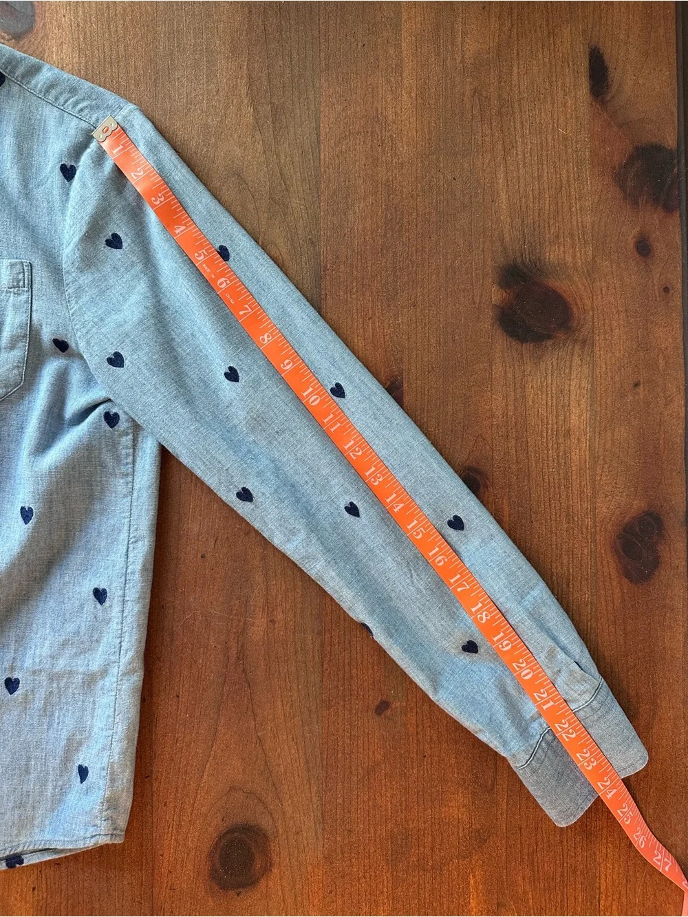 SEZANE Light Blue Chambray Button-Down Shirt with Navy Embroidered Heart Print - Picture 9 of 10